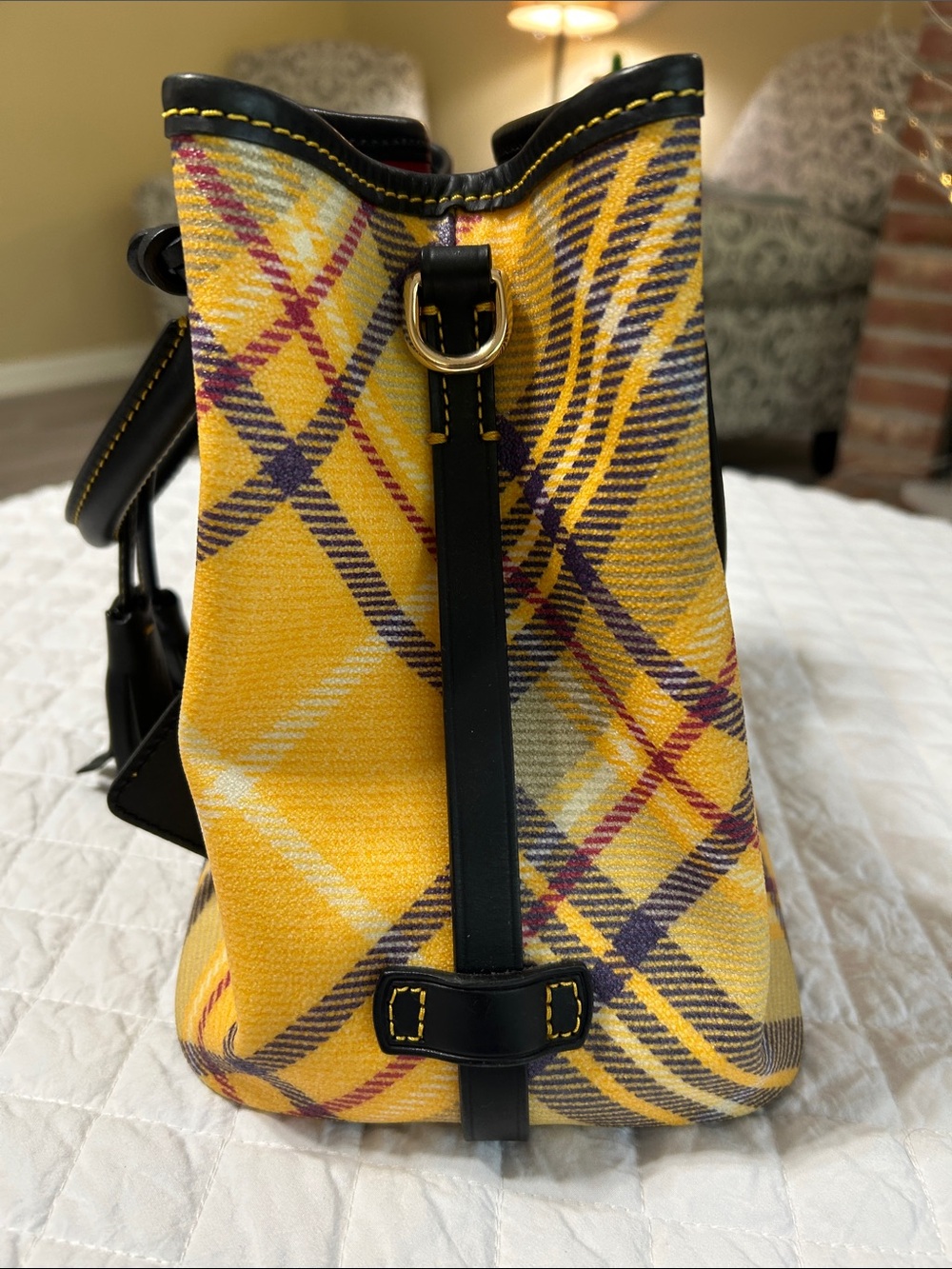 Dooney & Bourke Yellow Plaid Drawstring Bucket Bag with Black Trim - Picture 2 of 7